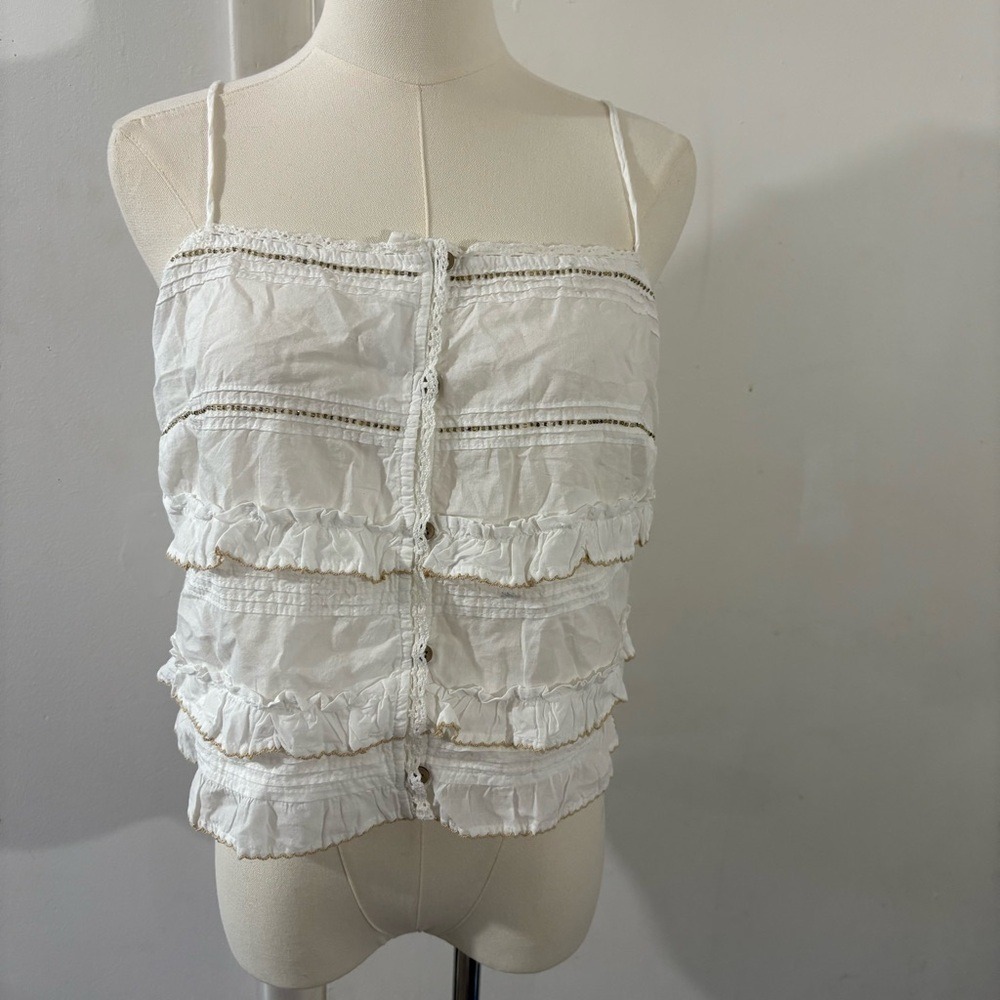 Mango‎ MNG White Beaded Ruffle Tiered Cami Babydoll Milkmaid Button Front Sz L